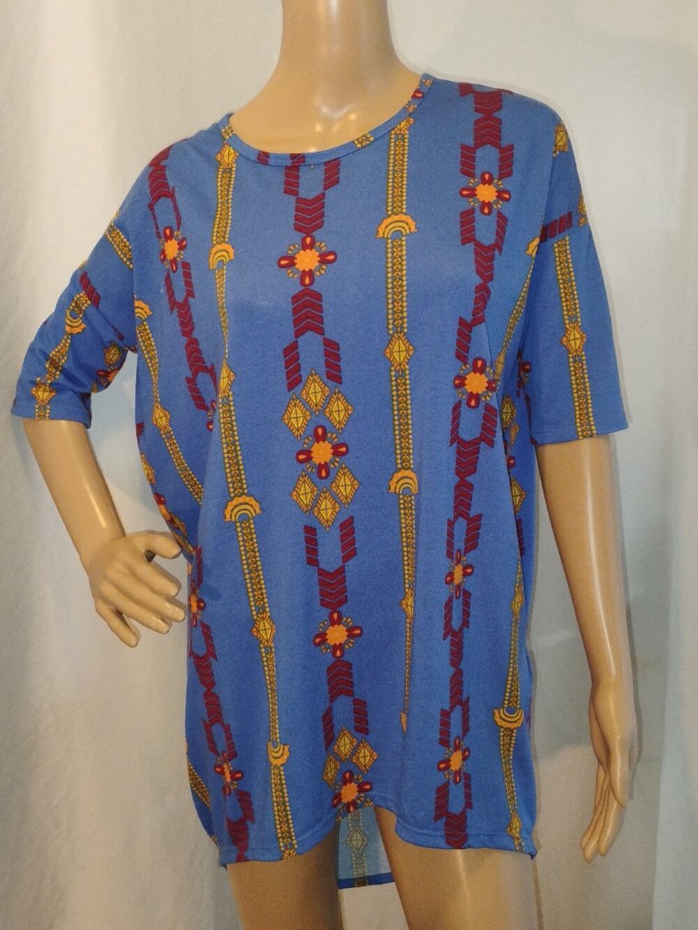 LuLaRoe | Irma Tunic | XS | Blue Yellow Orange & Red Aztec Geometric Print